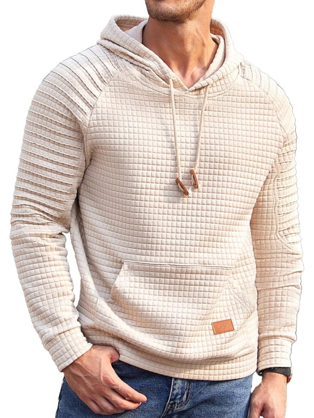Coofandy Men's Light Khaki Pullover Long Sleeve Drawstring Waffle Knit Hoodies